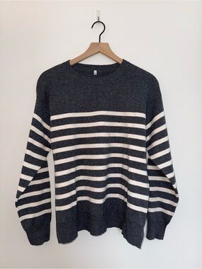 Muji Dark Gray and White Striped Crewneck Sweater